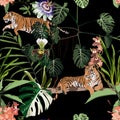 Vintage tropical tree, palm tree, tiger animal and flowers, floral seamless patternn on black background.