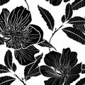Anemones deisy camomile flower illustration. Black white line seamless pattern. Royalty Free Stock Photo