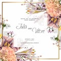 Floral Wedding Invitation Card Template Design, Beige Carnation Flowers, Tulips And Lilies Flowers On White.