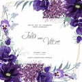 Floral Wedding Invitation Card Template Design, Violet Lilac Anemones Flowers On White, Violet Vintage Theme.