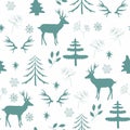 Semless pattern with silhouttes of deer, fir-trees and branches. Forest repeated texture.