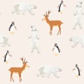 Seamless pattern with polar bear, deer and penguin background, Winter pattern, wrapping paper. Royalty Free Stock Photo