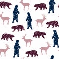 Semless pattern with silhouttes of deer and polar bear. Forest repeated texture with elegant animals.