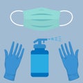 Gloves, disposable face mask and disinfectant bottle Coronavirus prevention kit