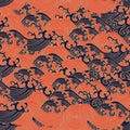 A Japanese blue red wave pattern print seamless background illustration.