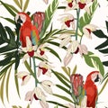 Seamless pattern with tropical red parrots. Colorful exotic Birds, leaves, orchids flowers, plants and branches art print. Royalty Free Stock Photo