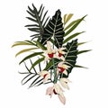 Tropical composition with beige orchid flowers branch and leaves. Card element. Bouquet of flowers with exotic Leaf isolated. Royalty Free Stock Photo