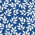 White flat branches with leaf on classic blue background. Seamless floral pattern. Royalty Free Stock Photo