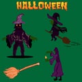 Witch vector illustration with several stylized models and magic brooms