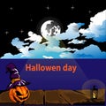 Vector illustration of bright night at hallowe time with orange pumpkin and moonlight Royalty Free Stock Photo