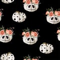 Halloween pattern with skary pumpkin and roses. Black background. Royalty Free Stock Photo