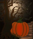 Happy Halloween card. Stone road, tree and pumpkin.