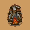 Skeleton chef grilling meat, hand drawn line style with digital color