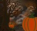 Happy Halloween card with tree and pumpkin.