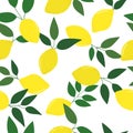 Bright yellow lemons with green leaves on white background. Seamless fresh summer pattern. Royalty Free Stock Photo