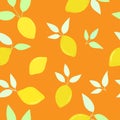 Bright flat yellow lemons with light green leaves on orange background. Seamless summer food pattern. Royalty Free Stock Photo