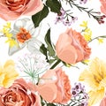 Floral Seamless Pattern with narcissus, creamy roses, spring flowers and leaves.