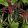 Seamless Floral Tropical Print with Exotic Orchid and callas lilly Flowers, Nature Ornament for Textile or Wrapping Paper.