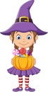 Cartoon little witch girl holds a pumpkin basket with Candies