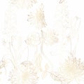 Floral Seamless pattern. Gold Dahlia Delphinium flowers and leaves. Royalty Free Stock Photo