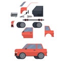 Structure of the car. Assembly of cars. Auto parts, vector illustration