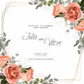 Floral wedding invitation card template design, creamy roses flowers, eucaliptus and herbs on white.