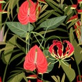 Illustration of red flamingo Anthurium flower and many kind of exotic palm leaves and red tropical flowers seamless pattern. Royalty Free Stock Photo