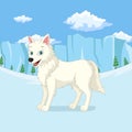 Cartoon arctic wolf stands in the winter forest