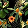 Seamless pattern with Fortunella or Kumquat exotic fruits, avocado, hibiscus flower, and exotic tropical leafs.