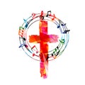 Colorful christian cross with music notes isolated vector illustration. Religion themed background. Design for gospel church music Royalty Free Stock Photo