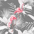 Pink flamingo, graphic palm leaves, ficus and palms, grey background. Floral seamless pattern. Tropical illustration.