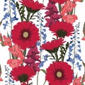 Seamless patterns with gerbera, delphinium, gladiolus flowers and leaves in red and blue violet colors on white background. Royalty Free Stock Photo