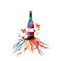 Colorful wine bottle with tree root vector illustration. Alcohol drinks and beverage background. Festive celebrations, events an