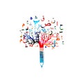 Colorful pencil tree vector illustration with arabic calligraphy symbols. Creative writing, storytelling, blogging, education, boo