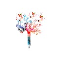 Colorful pencil tree vector illustration with butterflies. Design for creative writing and creation, storytelling, blogging, educa