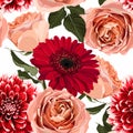 Basic RGBFloral Seamless Pattern with red gerbera, creamy roses, spring flowers and leaves.