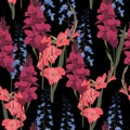 Seamless patterns with delphinium, gladiolus flowers and leaves in red and blue violet colors on black background. Royalty Free Stock Photo