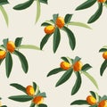 Seamless background with kumquat Fortunella fruits and leafs. Vintage style illustration on a beige background.