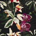 Seamless design pattern arranged with orchids flower, exotic leaves and branches. Beautiful floral print.