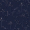 Luxury gold and nature blue background. Floral pattern, Golden line herbs plant, line arts illustration.