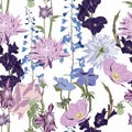 Seamless patterns with dahlia, delphinium, gladiolus flowers and leaves in violet and blue colors on white background. Royalty Free Stock Photo