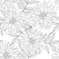 Floral pattern seamless. Decorative wallpaper with retro line dahlia flowers and leaves. Royalty Free Stock Photo