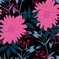 Floral seamless pattern with hand drawn Dahlia flowers. Bright floral background in pinc fucsia blue colors.