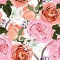 Floral Seamless Pattern with pink, creamy roses flowers, spring flowers and leaves.