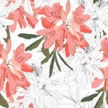 Seamless Pattern With Oleander Flower. Floral Composition. Orange Rhododendron Flowers.