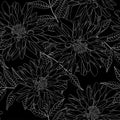 Floral pattern seamless. Decorative wallpaper with retro dahlia flowers and leaves. Black white illustration. Royalty Free Stock Photo