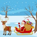 Cartoon Santa Claus rides in sleigh carrying a sack of gifts with reindeer Royalty Free Stock Photo