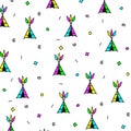 Colorful print with wigwams, circles,squares, spirals and lines Royalty Free Stock Photo