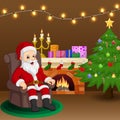 Santa Claus sitting in armchair near fireplace and Christmas tree in living room Royalty Free Stock Photo