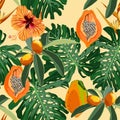 Seamless pattern with Fortunella or Kumquat exotic fruits, papaya, and exotic tropical leafs on a yellow background.